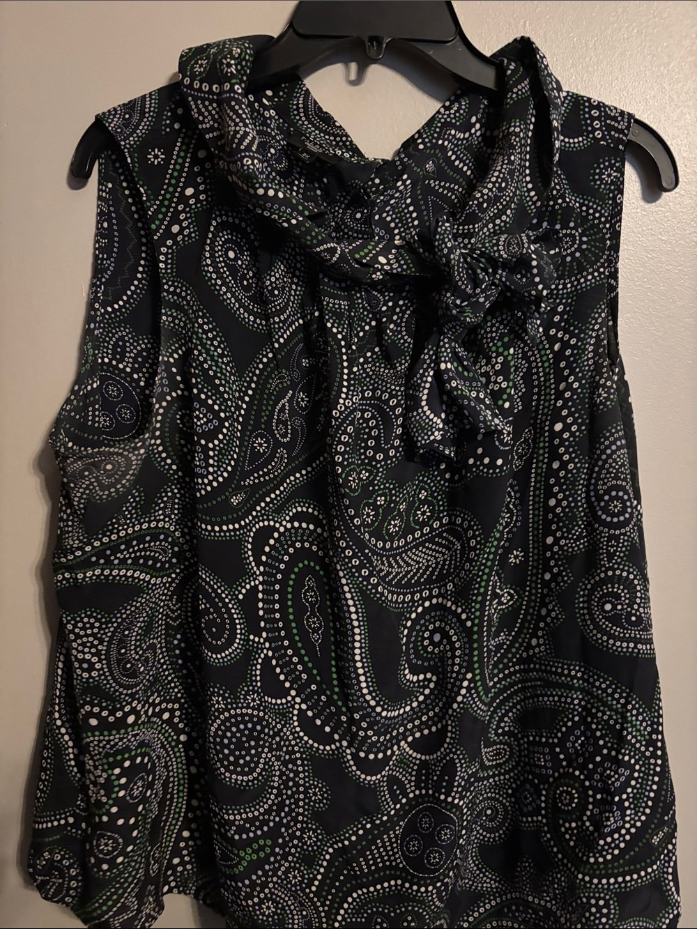 Talbots navy Paisley Sleeveless Bow-Neck Blouse with Green & White Dot Accents